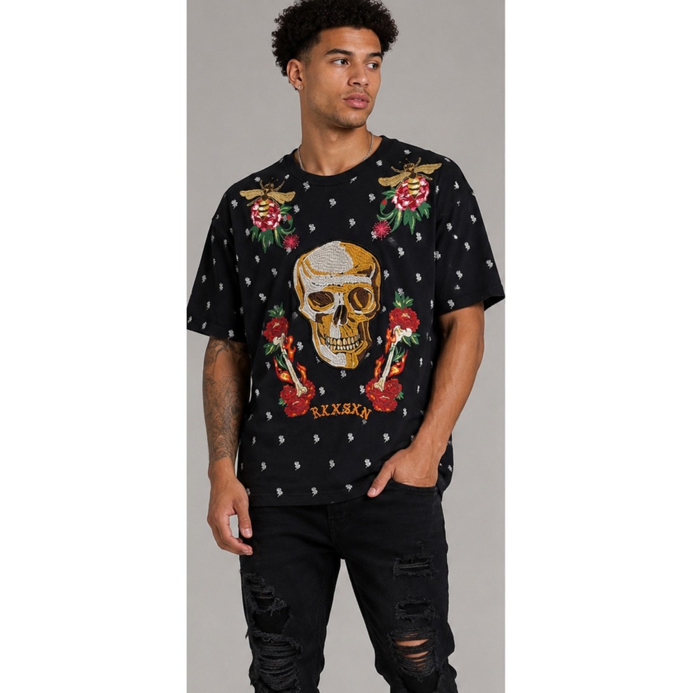 Reason‎ Clothing Mens Skull Rose Bee Embroidered Black T-Shirt XL Streetwear